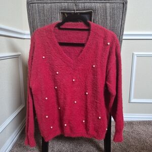 Pearl-Embellished V-Neck Women's Sweater in Red